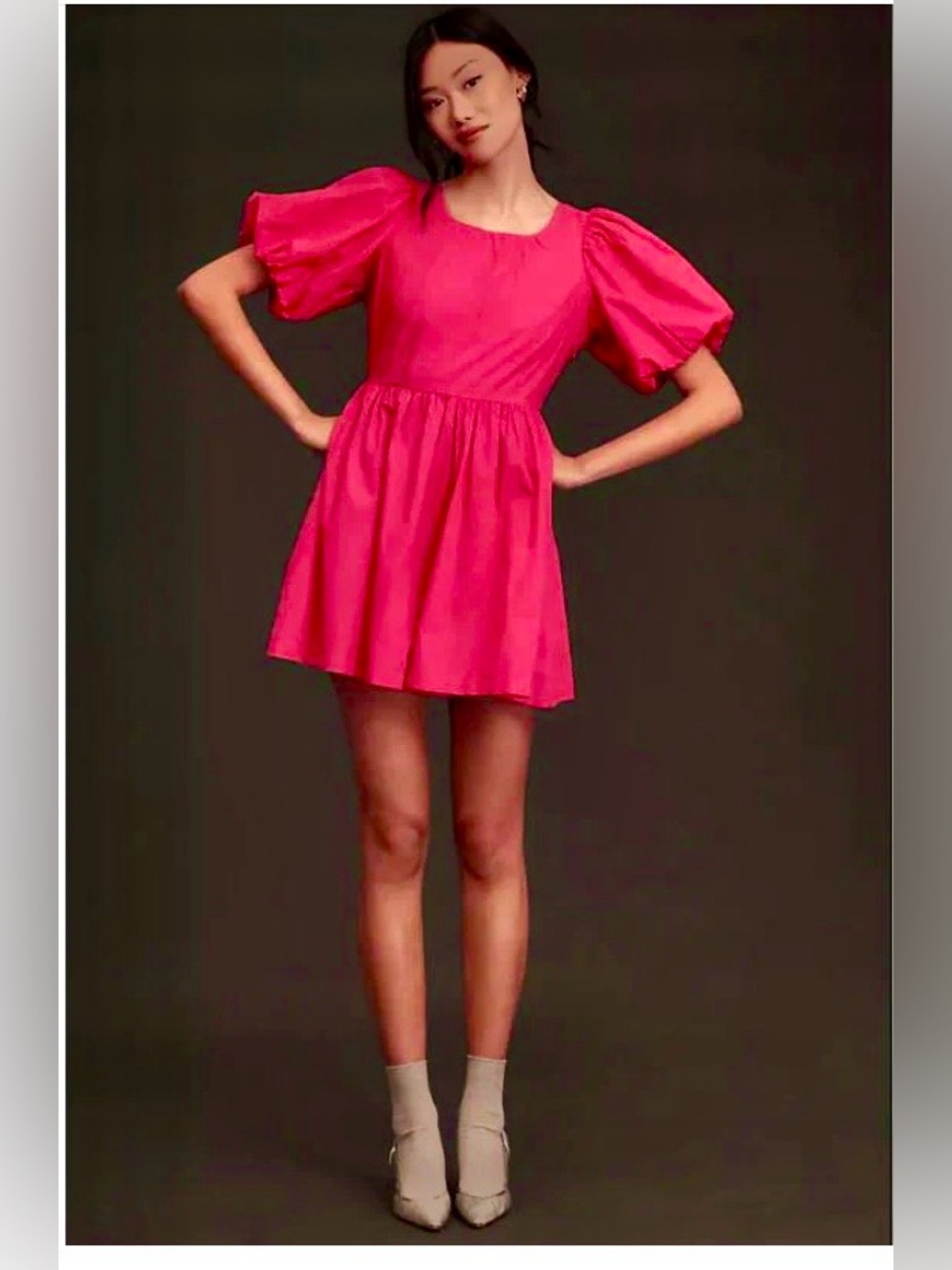Anthropologie Hot Pink Puff Sleeve Tie Back Romper Dress 100% Cotton Size 10